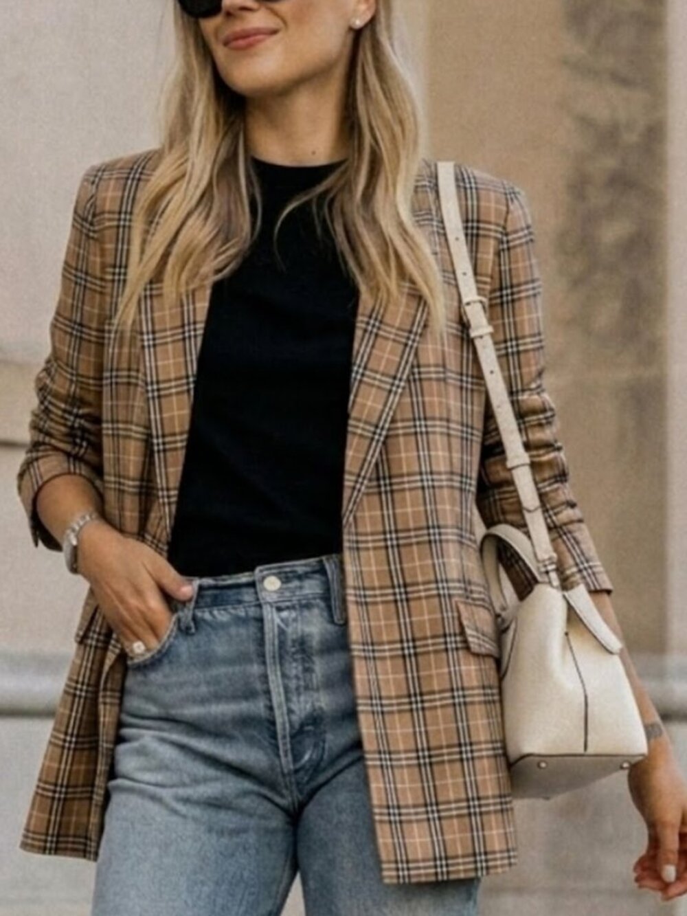 Bacio Tan Black Plaid Oversized Blazer Size S